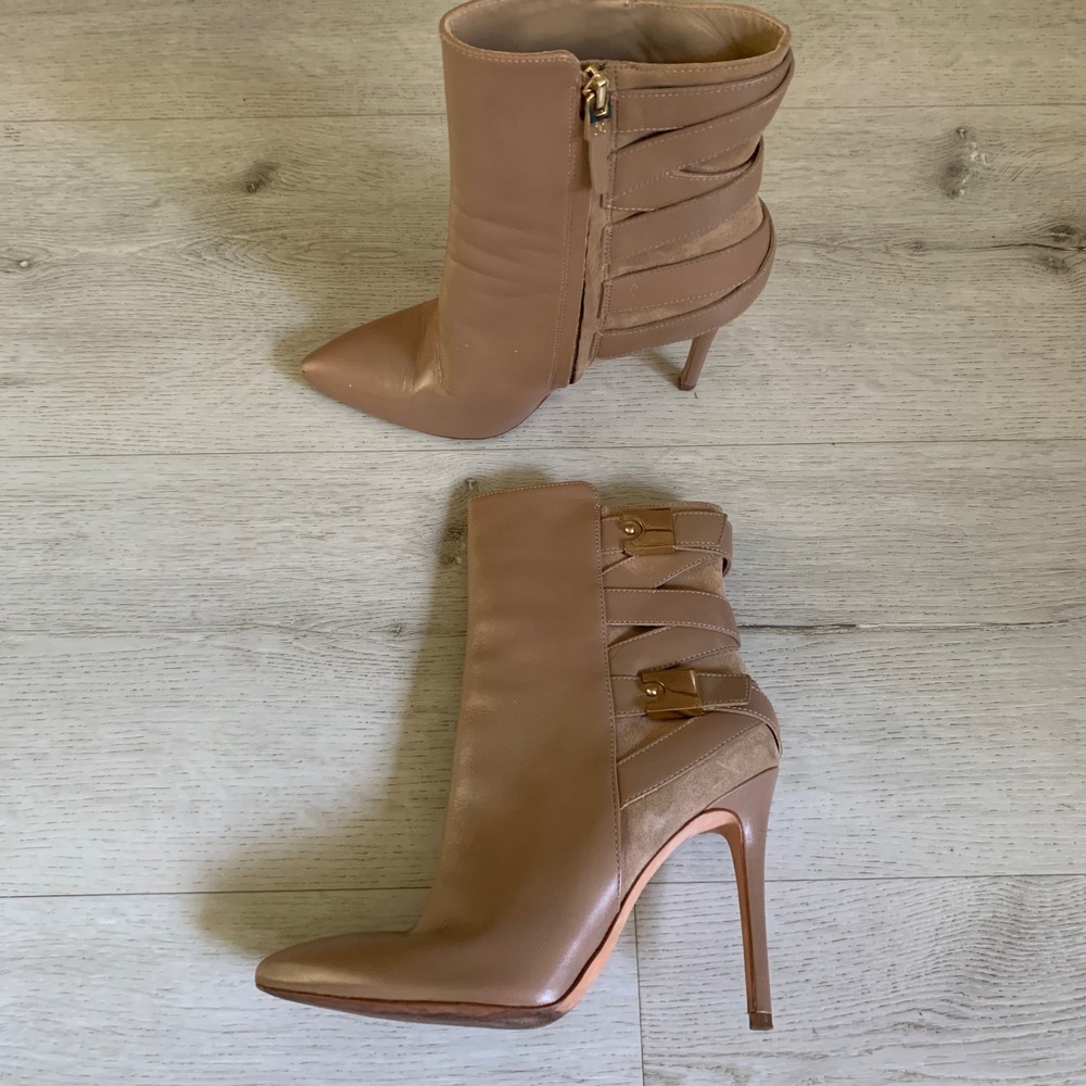 Marciano Tan Leather Suede Buckle Stiletto Ankle Boots Pointed Toe Size 40 10M